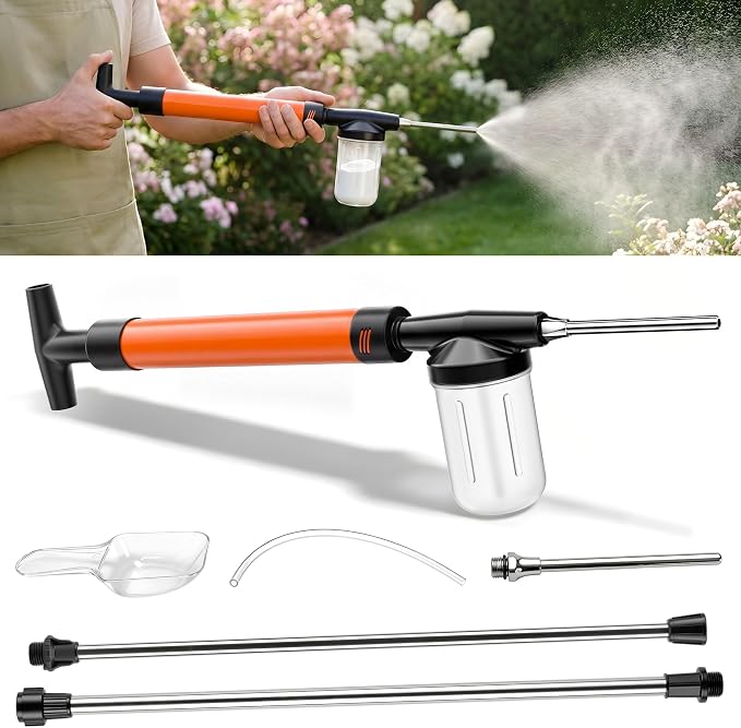 Adjustable Powder Duster with 4 FT Extension Pole, Manual Pump Sprayer for Diatomaceous Earth and Fine Garden Powder, Handheld Dispenser Tool for Home and Yard Maintenance (Orange)