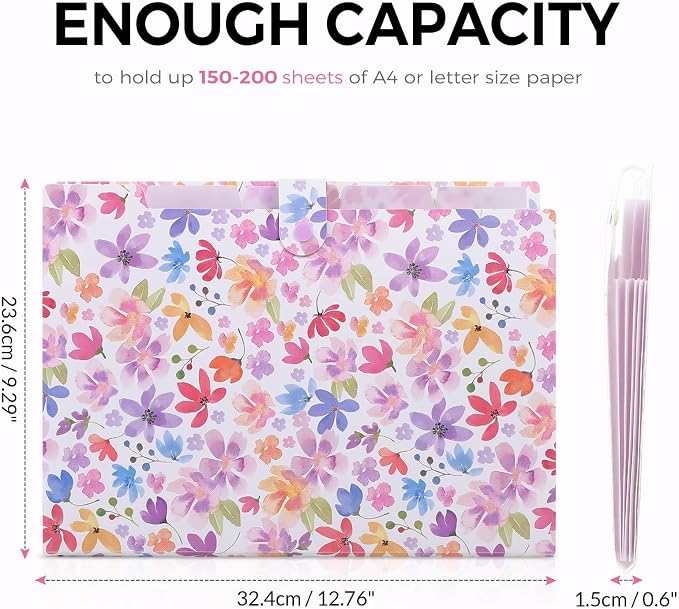 SKYDUE Accordion File Organizer, Floral Expanding File Folders with 5 Pockets, Cute Document Organizer for Paper Bills Receipt Storage, School Office & Hospital Supplies Letter/A4 Size Purple