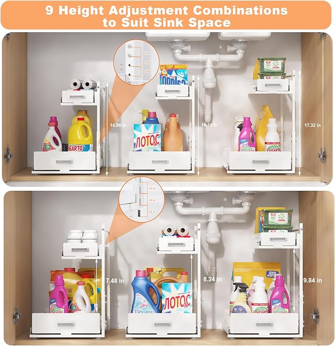 Under Sink Organizer,2 Tier Slide Out Kitchen Cabinet Organizers with Pulley,Under Bathroom Sink Pull Out Organizer with Multiple Height Adjustments for Kitchen and Bathroom Cabinets (White)