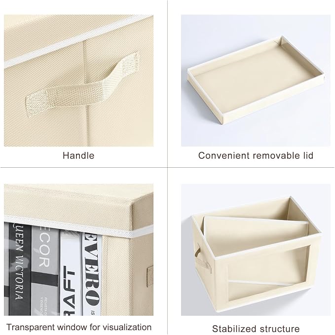Homsorout Storage Cubes with Lids - 5 Pack Foldable Clear Window Storage Bins, Large Decorative Storage Bins with Handles, Storage Containers for Clothes, Towel, Blanket, Sheet, Beige