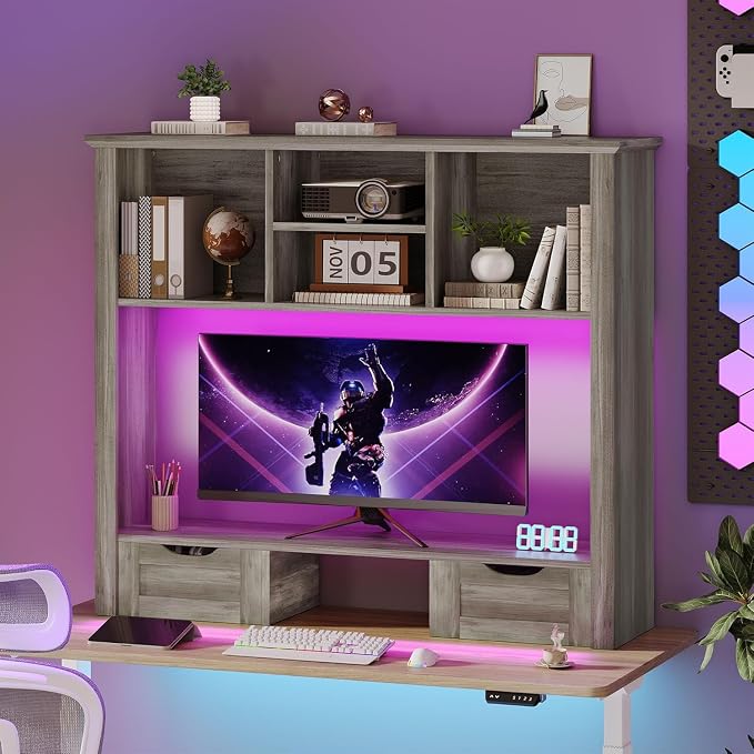 Desk Shelf with Computer Monitor Stand, 37.4''W Desktop Bookshelf Display Rack, Desktop Organizer Storage Rack with Cubbies & Drawers, 5-Tier Hutch for Home, Office, Dorm, Vanity, Grey