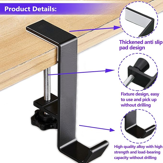 KISOY 2PCS Desk Hook, Under Desk Handbag Hanger Purse Hook for Table,Backpack Hanger Purse Holder for Desk Adjustable Can Hook Bags, Umbrellas,Headphone Holder(1White+1Black)