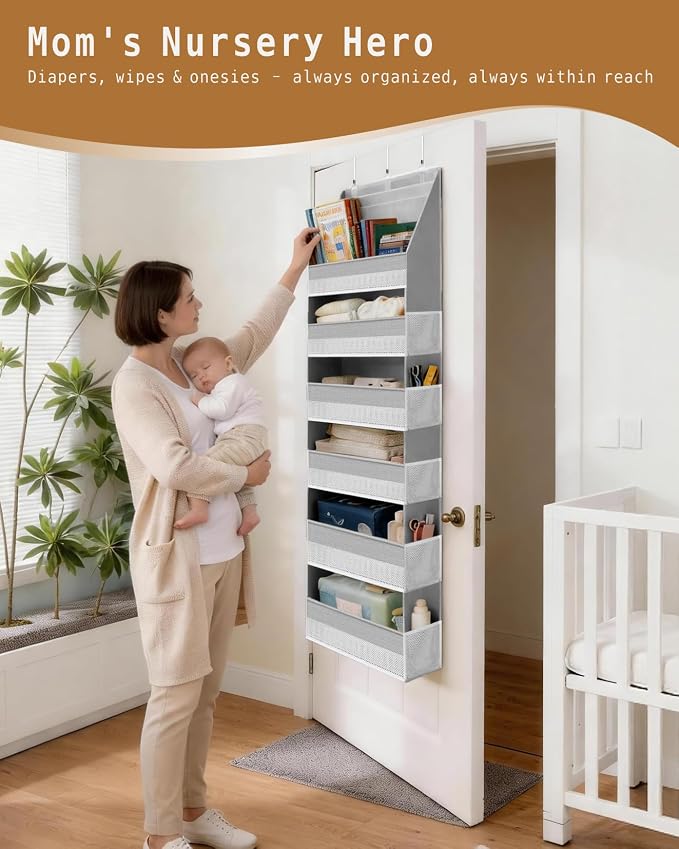 KMSCO Over The Door Organizer, 6 Large Pockets + 13 Mesh Side Pockets, Hanging Storage, 55lbs Capacity, Heavy Duty Non-Woven Fabric for Baby Nursery, Bathroom, Pantry, Closet, Grey, 1 Pack
