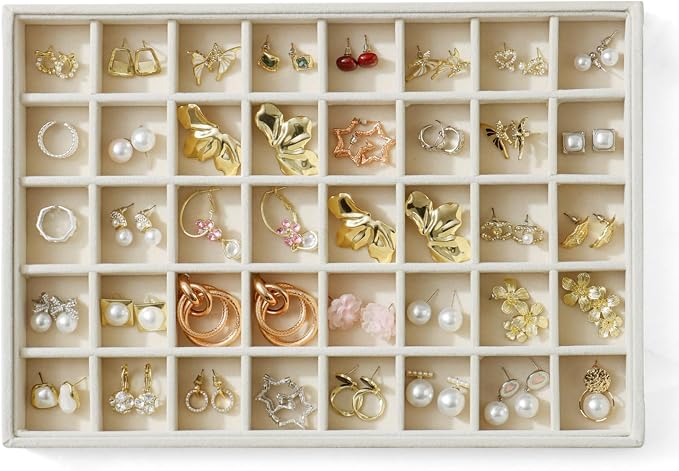 Large Jewelry Organizer for Drawer Insert Velvet Stackable Jewelry Trays for Earring Necklace Bracelet Ring Display (Beige, 40 Grids)
