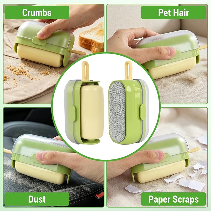 Mini Lint Brush/Roller, 2-in-1 Lint Remover, Green | Washable, Reusable Lint Roller, Portable Travel Size, For Pet Hair, Clothes, Carpet, Car, Includes Cleaning Brush