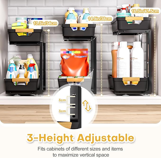 Homde 2-Tier Under Sink Organizer: 2pcs Set Adjustable Pull Out Drawer Undersink Cabinet Storage Rack for Home Kitchen Bathroom