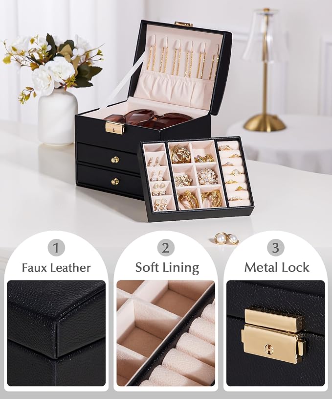 Homde Small Jewelry Box for Girls: 3-Layer Lockable Organizer(Black) | Removable Tray&Dividers for Flexible Storage - Sort Earrings&Rings&Necklaces for Beginners - Birthday Gift for Teens