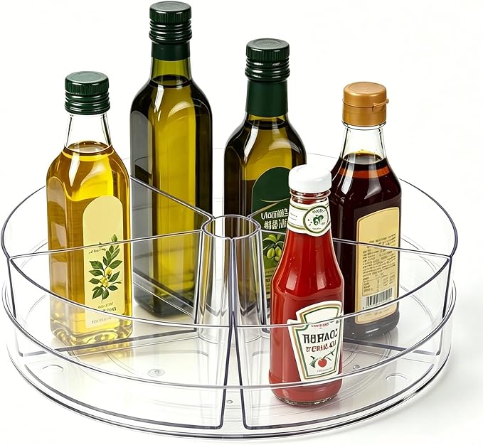 Lazy Susan Organizer, 10.5" Rotating Clear Turntable Organizer with 5 Removable Dividers, for Kitchen, Bathroom, Cabinet, Pantry, Fridge, Vanity - Spinning Storage Container for Spices, Condiments