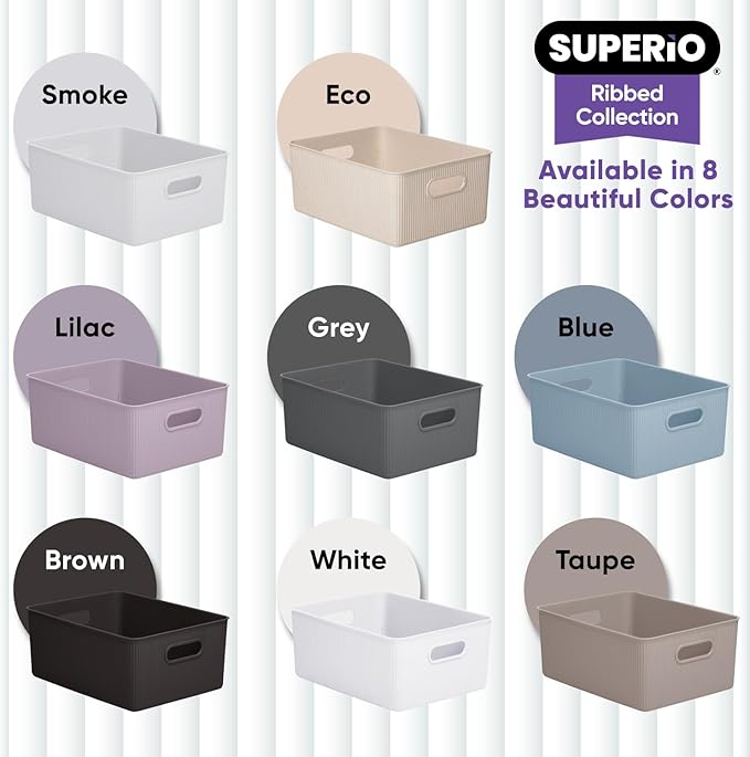 Superio Ribbed Collection - Decorative Plastic Basket Open Home Storage Bins Organizer, Large White (2 Pack) Container Boxes for Organizing Closet Storage Bins for Shelves 15 Liter/16 Quart