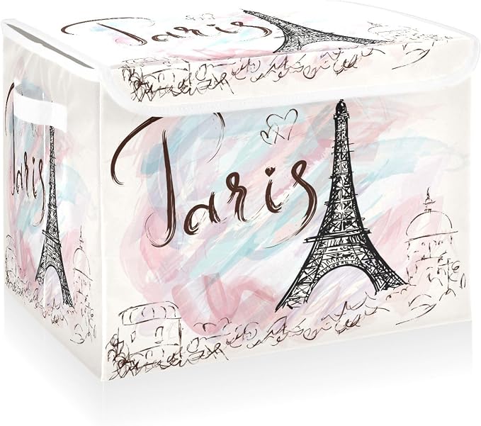 CaTaKu Large Fabric Storage Bins With Lids,Vintage Eiffel Tower Paris Storage Boxes With Handles for Organizing Clothes, Collapsible Decorative Storage Cube Bins Baskets for Shelves