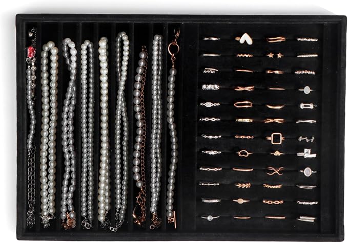 Large Jewelry Organizer for Drawer Insert Velvet Stackable Jewelry Trays for Earring Necklace Bracelet Ring Display (Black, Ring and 9 Grids)