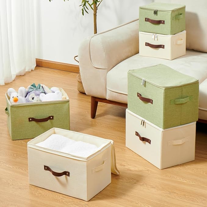 4 Pack Storage Bins with Zipper Lid Cotton Linen Fabric Lidded Storage Baskets Boxes Foldable Washable Closet Shelf Clothes Organizer Container with PU Leather Handles (Green, Small)