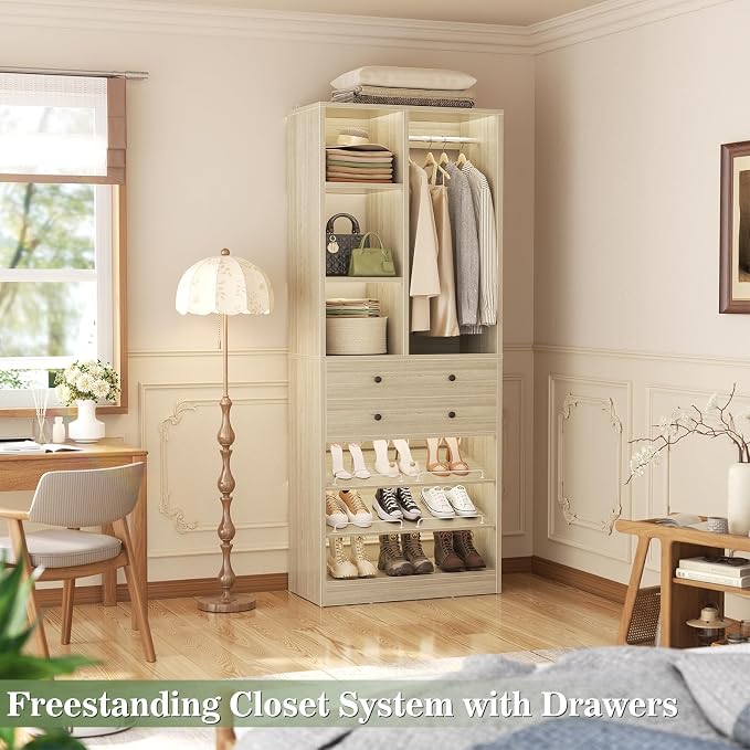 Besiost Small Closet System, 28"/2.3 FT Wood Closet Organizer System with Drawers and Shelves, Walk-in Closets Systems for Small Closets, Freestanding, Greige Oak