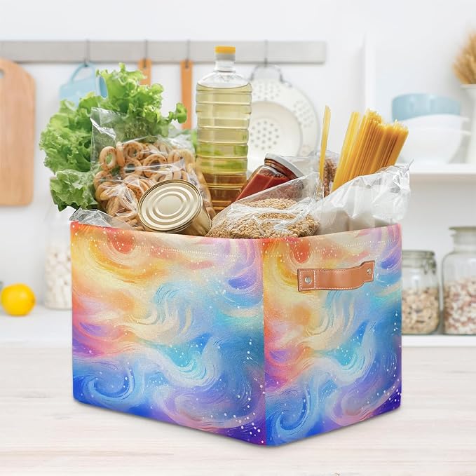 Rectangular Storage Bins Abstract Rainbow Glitter Collapsible Fabric Storage Basket Organizer with Handles for Nursery Bedroom Bathroom