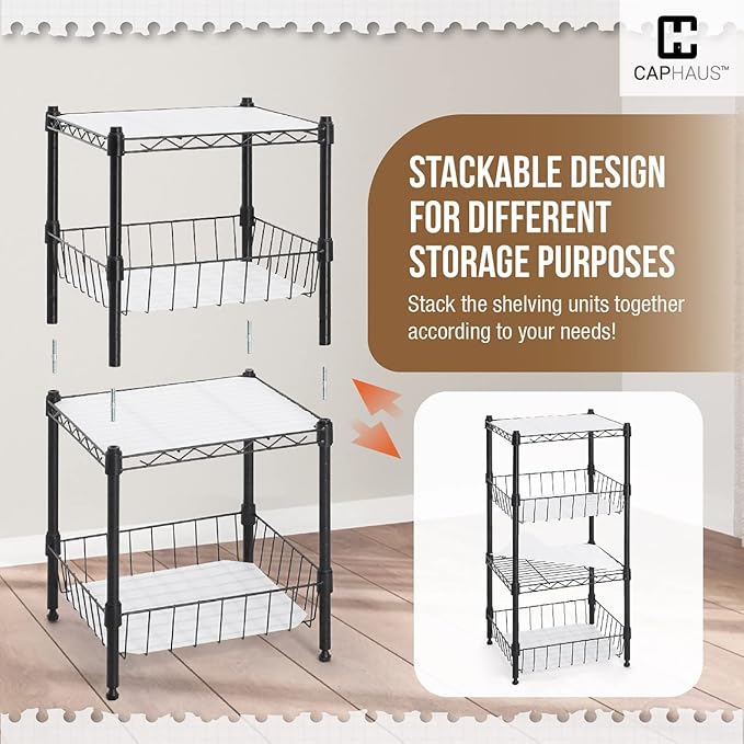 Fencer Wire NSF 2 to 4 Tier Stackable Wire Shelving Unit w/Baskets & Liner, Storage Rack Kitchen, Bathroom, Laundry Closet, Wire Shelving Basket Shelves, Storage Rack Corner Shelves, Silver Grey