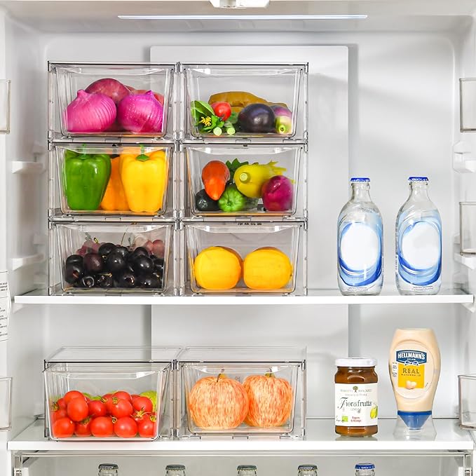 Clemate 4Pack Clear Stackable Kitchen Storage Organizer,Pantry Organizers and Storage,Foods Organizer Bins with Handles, Easily Assemble for Bathroom, Kitchen, Refrigerator, Pantry, Cabinet, Closet