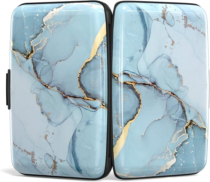 Credit Card Holder, Small RFID Metal Credit Cards Wallet Cute Business Card Holder Pocket ID Case for Women Men, Blue Marble