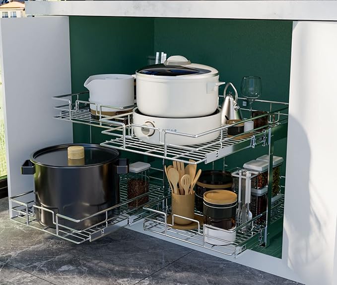 LOVMOR 2 Tier Individual Pull Out Cabinet Organizer 10½" W x 21½" D, Slide Out Kitchen Cabinet Storage Sliding Shelves