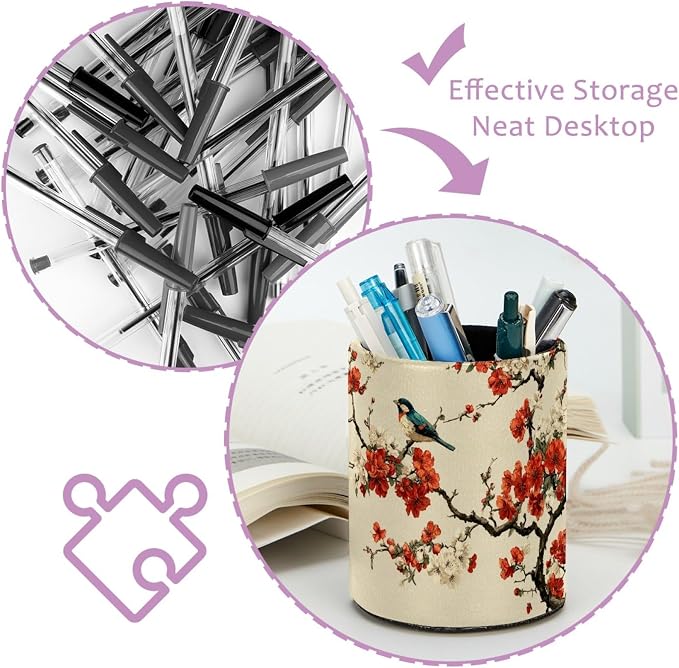 Faux Leather Pen Holder for Desk, Pencil Organizer Flowers and Birds Pen Cup Desk Decor Makeup Brush Holder Storage for Office Home