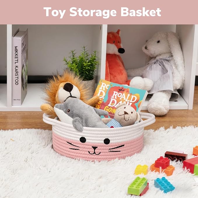 Cute Cat Toy Basket, Small Woven Basket for Nursery, 9.8"x4" | Decorative Basket for Cats Dogs Toys Storage, Cat Basket With Handles, Pet Gift Basket for Living Room, White & Pink