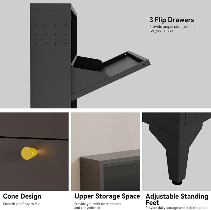 Shoe Cabinet with 3 Flip Drawers-Metal Narrow Shoe Rack for Entryway,Hallway,Living Room-Hidden Metal Shoe Cabinet-Freestanding Shoe (3 Door, Black)