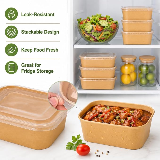 50 Pack 29oz Disposable Kraft Paper Bowls with Lids and Forks, Leak Resistant Meal Prep Containers, Microwave & Freezer Safe for Weekly Lunch Prep, Leftovers, Takeout and Party