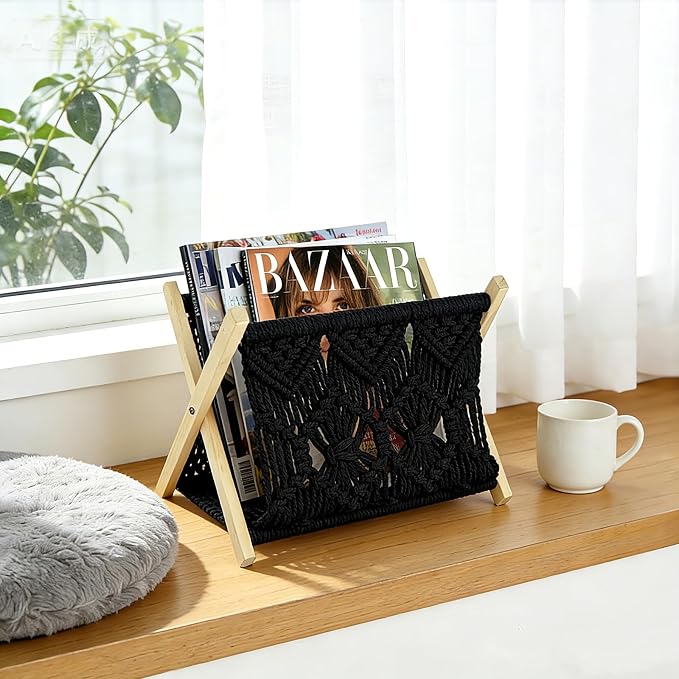 Boho Macrame Magazine Holder,Hand-Woven Magazine Rack for Home Office | Multifunctional Storage Basket for Letters, Magazines, Books and Newspapers