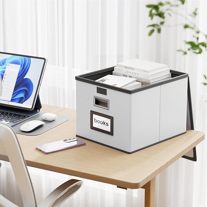 Huolewa Portable Leather File Organizer Boxes with Lids, Office Document Boxes Organizer, Filing Boxes, Decorative Small File Boxes for Hanging Files, File Cabinet for Office/Home - 4 Pack