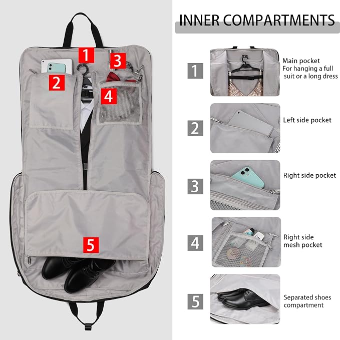 BESMART Garment Bags for Travel, 51" Large Suit Bag for Business Trips | Waterproof,Hangs 3 Suits,Foldable,Wrinkle Free Spacious Luggage Suit Cover,Adjustable Strap,Carry On Flight Approved,Black