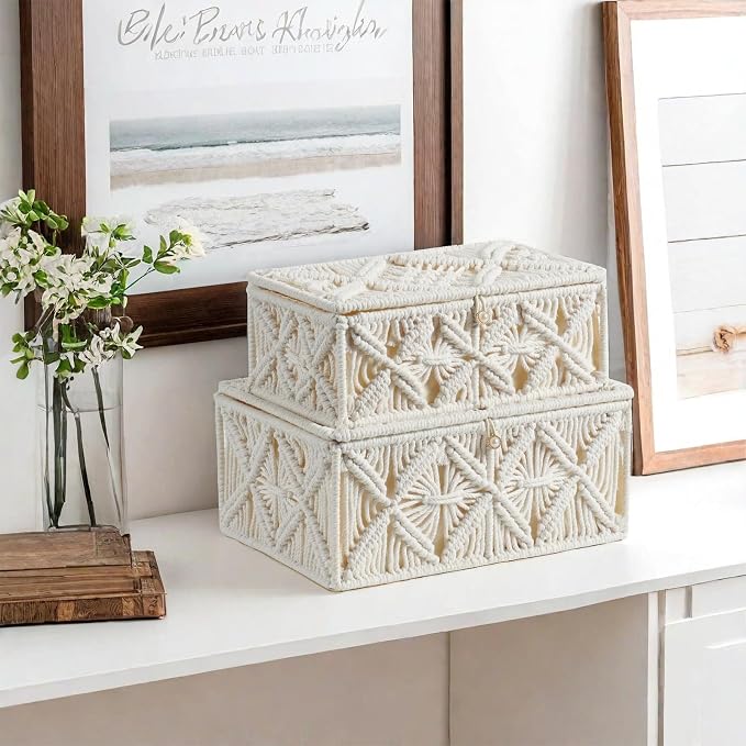 Decorative Boho Storage Baskets with Lid Bohemian Macrame Jewelry Box Handmade Natural Cotton Rope Woven Bins Memory Keepsake Photo Makeup Organizer Shelf Container (Off White, Small)