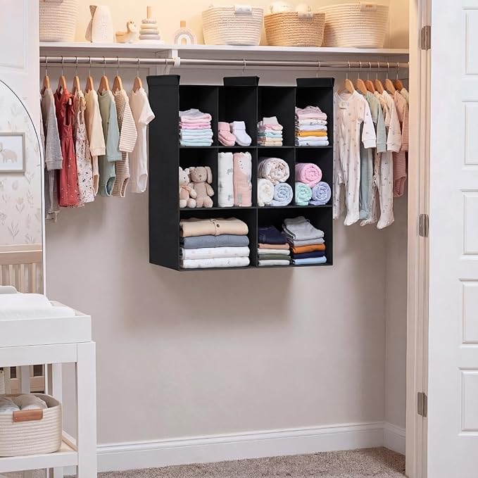 Ofiray-home 3 Tier Hanging Closet Organizer, 10 Compartments Sweater Organizer for Closet with 3 Sturdy Hooks, Closet Organizers and Storage, Wardrobe, Rv, Garment Rack, Black