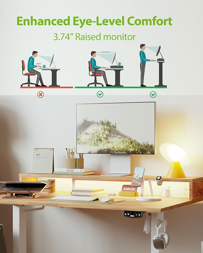 Agilestic 48x24 Inch Electric Standing Desk with Shelf, Height Adjustable Desk with Power Outlets & LED, Sit Stand Up Table with Monitor Stand, Computer Workstation, Light Rustic Brown