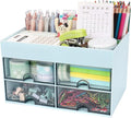 Meiikun Desk Organizer, Office Organizer with Drawer, Desk Accessories & Workspace Organizers, Pen Holder Office Supplies for Desk (4 Drawers+4 Compartments, Blue)