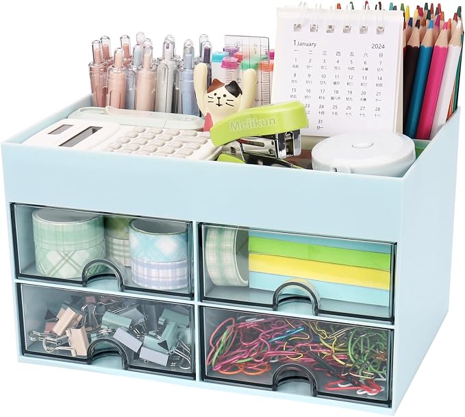 Meiikun Desk Organizer, Office Organizer with Drawer, Desk Accessories & Workspace Organizers, Pen Holder Office Supplies for Desk (4 Drawers+4 Compartments, Blue)