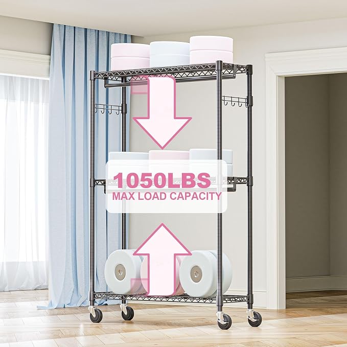 M MZG Heavy Duty Rolling Garment Rack 3 Tiers Adjustable Wire Shelving Clothes Rack with 2 Rods and Side Hooks,Storage Closet Clothing Rack with Wheels Black 15.7" D x 45.3" W x 79.6" H