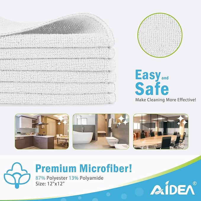 AIDEA Microfiber Cleaning Cloth White-50PK, Soft Microfiber Towels for Cars, Absorbent Cleaning Rags, Lint-Free Streak-Free Wash Cloths for House, Kitchen, Window,11.5"×11.5"