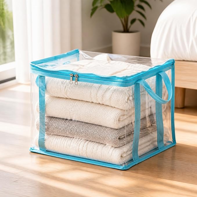 Large Clear Thick Plastic Storage Box with Hinged Lid, Heavy-Duty Durable High Capacity Organizer, Foldable Storage Box,Perfect for Home, Camping, Travel, Attic & Moving (Blue-L-2)