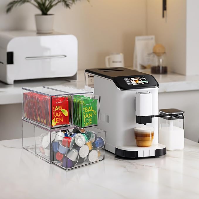 Yarlung 3 Pack Coffee Pod Organizer Tea Bag Holder, Clear Acrylic K Cup Holder Box Stackable Coffee Bar Drawer Container for Cabinet Countertop Storage
