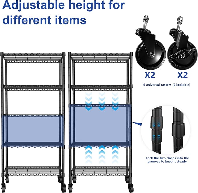 REGILLER 5-Wire Shelving Metal Storage Rack Adjustable Shelves,Standing Storage Shelf Units for Laundry Bathroom Kitchen Pantry Closet(Black,14.1" D x 30" W x 82" H,With Wheels)