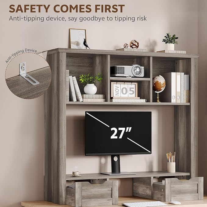 Desk Shelf with Computer Monitor Stand, 37.4''W Desktop Bookshelf Display Rack, Desktop Organizer Storage Rack with Cubbies & Drawers, 5-Tier Hutch for Home, Office, Dorm, Vanity, Grey
