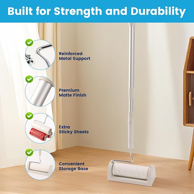 Extra Sticky Long Handle Lint Roller for Pet Hair, Floor | 500 Sheets with Easy Spiral Tear, 6.3" Wide Large Lint Roller, Cat & Dog Hair Remover for Clothes, Carpet, Giant Lint Remover