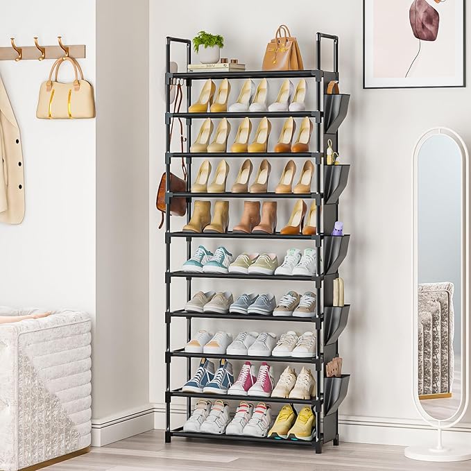 LUKYTOWER Tall Shoe Rack - 10 Tier Shoe Organizer 30-35 Pairs Boot Storage | with 5 Hooks, Pocket & Sturdy Large Vertical Shoe Shelf Stand Tower, Closet, Entryway, Bedroom, Garage, Free Standing