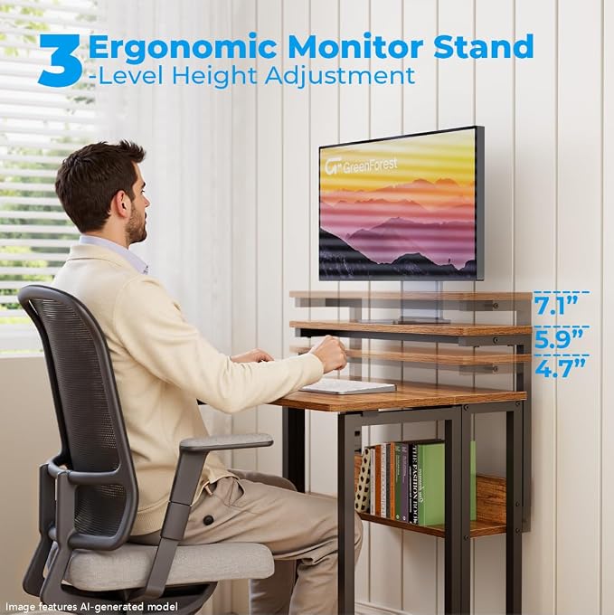 GreenForest Folding Desk with Adjustable Monitor Stand, 24.8 in Small Desk | Storage Shelf, Lockable Wheels, Portable, Space Saving, Mobile Rolling Table for Small Spaces, Home Office, Writing, Walnut