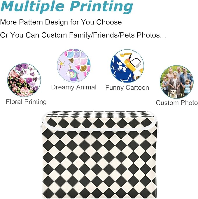 CaTaKu Large Fabric Storage Bins With Lids,Black and White Checkered Storage Boxes With Handles for Organizing Clothes, Collapsible Storage Cube Bins Baskets for Shelves