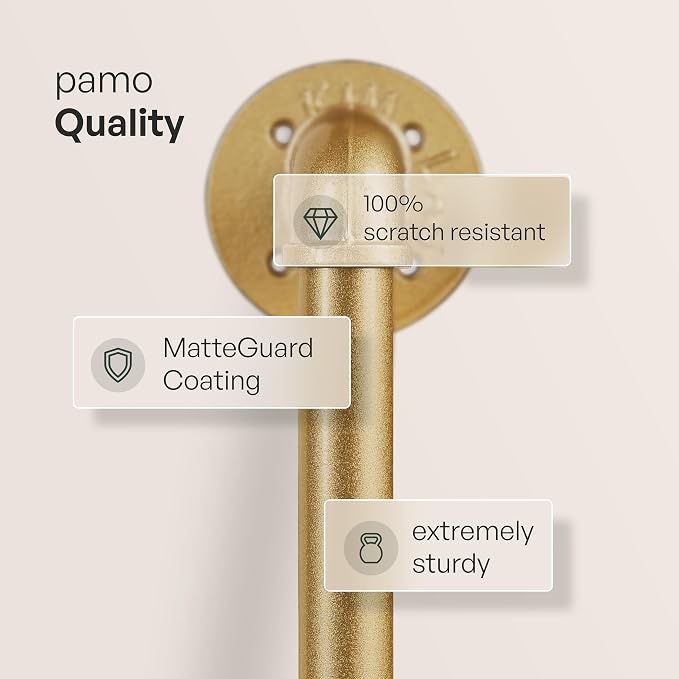 pamo Industrial Clothing Rack Wall Mounted Gold – 117" W × 87" H, 880 lbs | Heavy Duty Pipe Closet System in Gold Powder Coated Steel, Scratch-Resistant, Double Rod, Easy Assembly