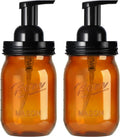 Amolliar Plastic Mason Jar Foaming Soap Dispenser Pump Lid, 16oz Foam Soap Dispenser with Cute Lables - Amber Refillable Hand Soap Dispenser for Bathroom Kitchen Shower (2 Pack, Black)