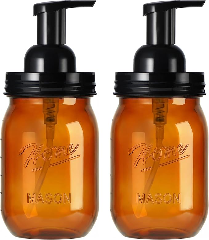Amolliar Plastic Mason Jar Foaming Soap Dispenser Pump Lid, 16oz Foam Soap Dispenser with Cute Lables - Amber Refillable Hand Soap Dispenser for Bathroom Kitchen Shower (2 Pack, Black)