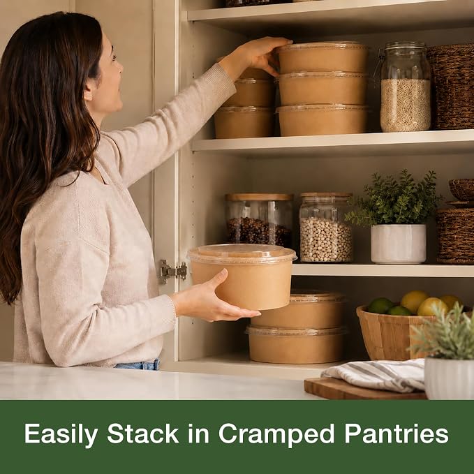 50pks 34oz Disposable Meal Prep Containers, Disposable Bowls with Lids | Disposable kraft paper bowls with lids, Waterproof, Safe for hot & cold food, Perfect for catering, parties, lunch takeout