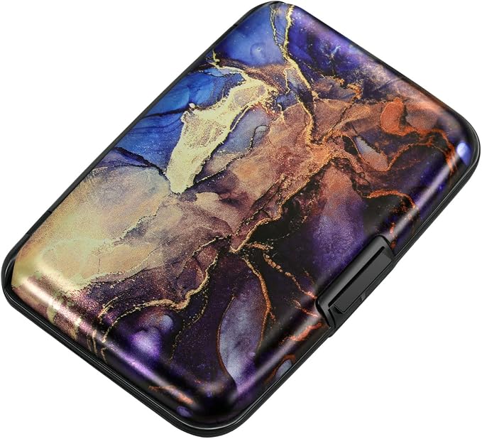 ELFISH Mini RFID Aluminum Wallet Credit Cards Holder Business Card Case Metal ID Case for Men Women（Gold Purple Marble