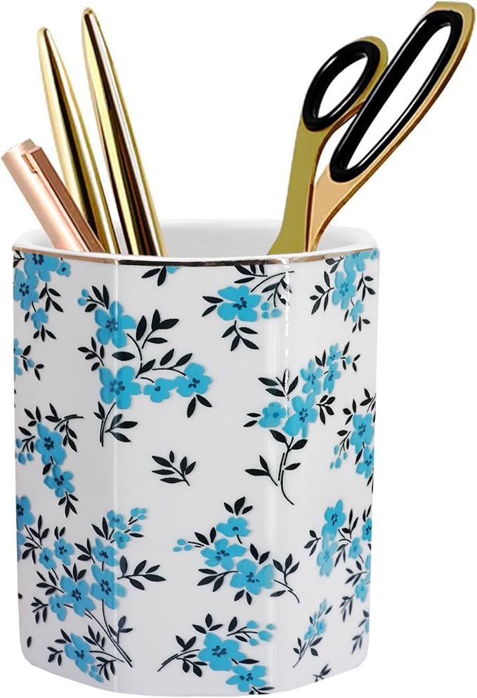 Pen Holder, Makeup Brush Holder Ceramic Shiny Gold Spring Floral Pattern Pencil Cup for Girls Kids Women Durable Stand Desk Organizer Storage Gift for Office, Classroom, Home (Teal Blue)